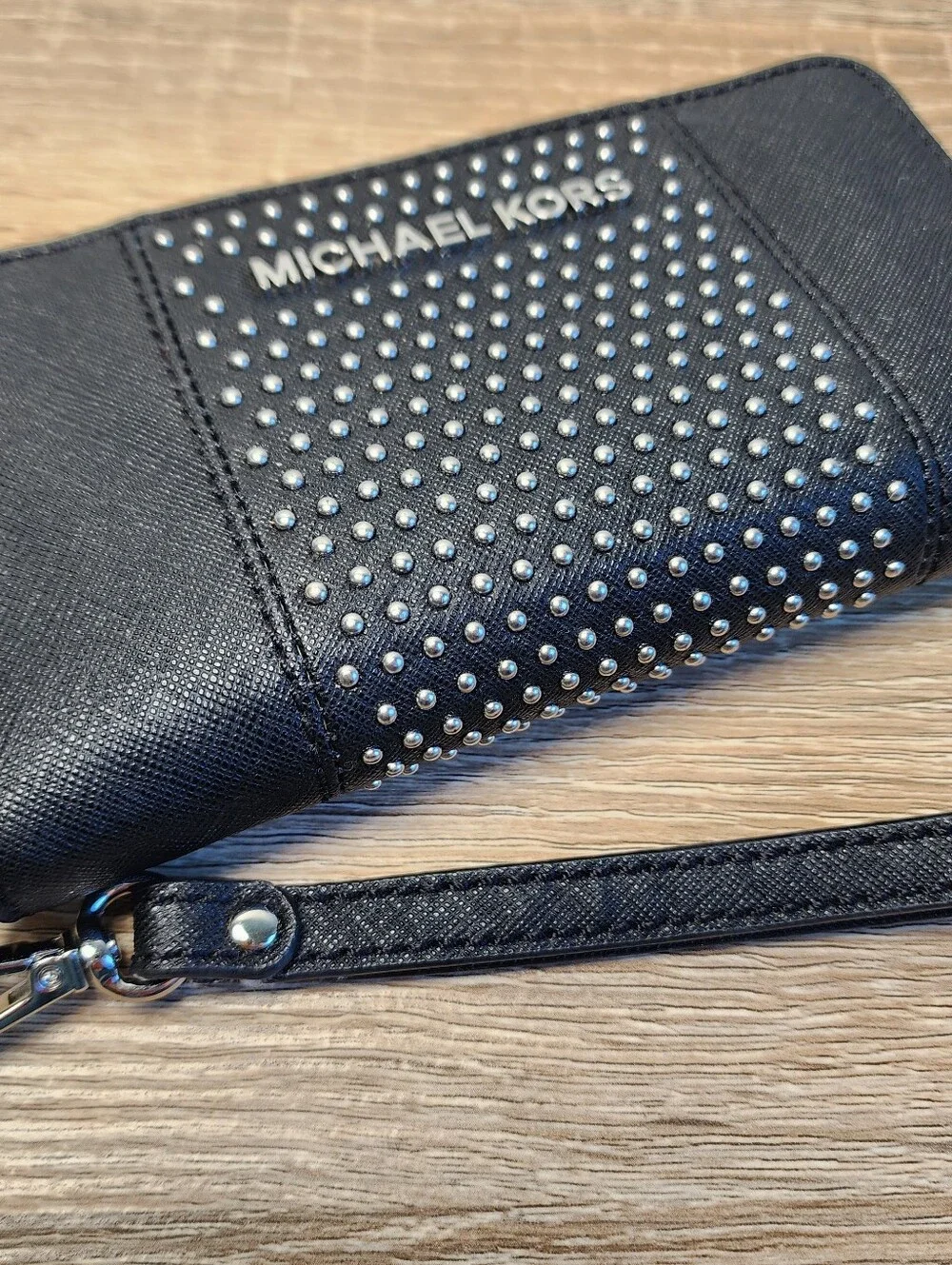 MICHAEL KORS Saffiano Studded Black Leather Silver Wristlet Zip Wallet Clutch